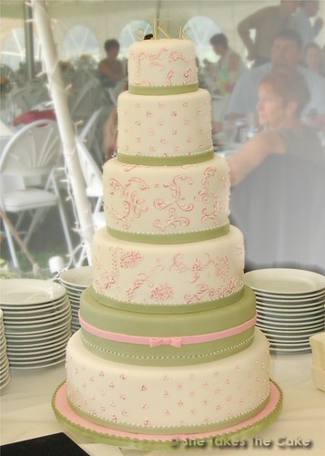soft pink and green tower wedding cake by She Takes the Cake