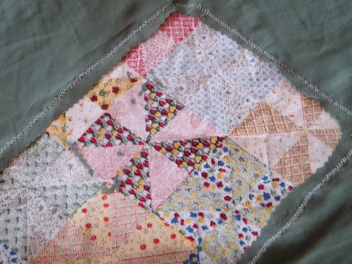 double-sided patch on torn bed sheet with fusible web and zigzag stitch