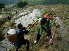 Hmong Frau hilft Friedrich durch den Matsch