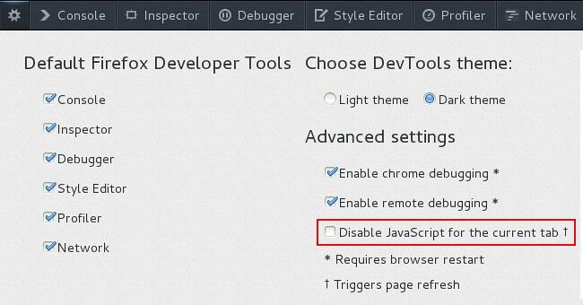  Disable JavaScript option now available in Firefox Developer Tools