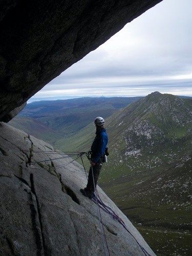 2nd belay of Sou'Wester Slabs, Cir Mhor, Isle of Arran, Scotland.