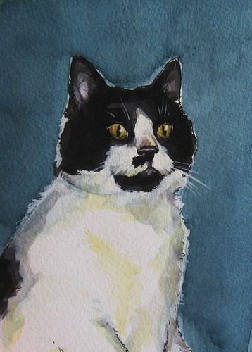 Commissioned cat portrait in ink and gouache.