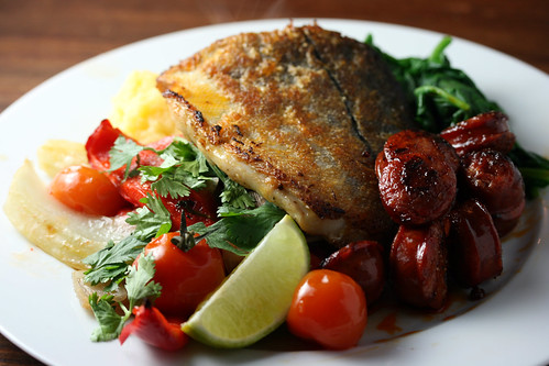 Haddock with chorizo and polenta
