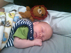 My first Amigurumi with his intended recipient! Baby Jakob. This is the "Baby Lion" pattern from Ana Paula Rimoli's "Amigurumi World"