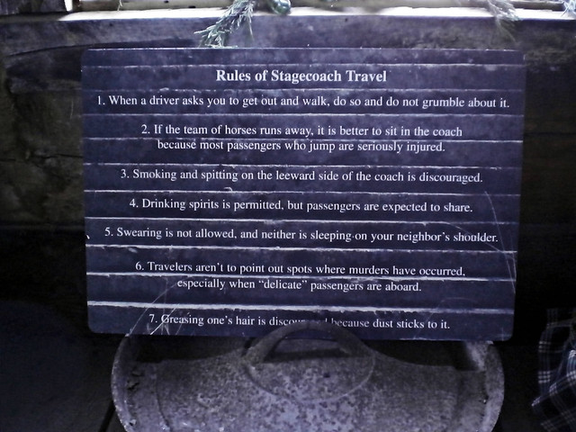 List of rules for riding the stagecoach such as don't point out sites of murders along the trip