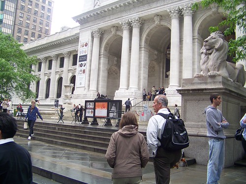 NYPL Library Lion Outside with Patrons Visiting