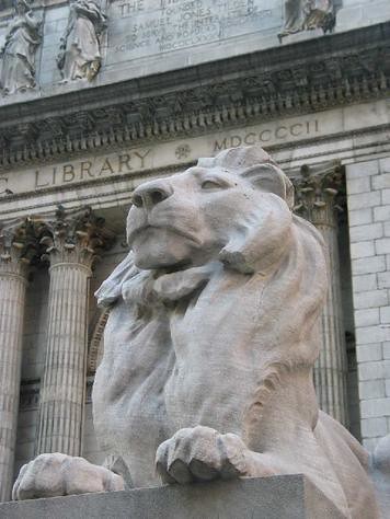 NYPL Library Lion Outside with Building Name