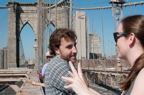 walking across the Brooklyn Bridge