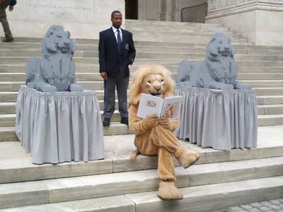 Lego NYPL Library Lions On Display Outside 2