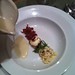 Corn Soup with Roasted Corn, Mint, Bacon, and Chèvre Crouton
