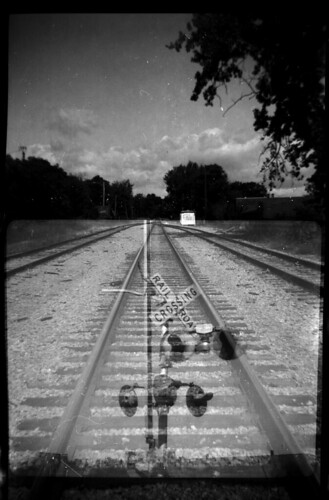 Railroad double exposure: one film, two cameras