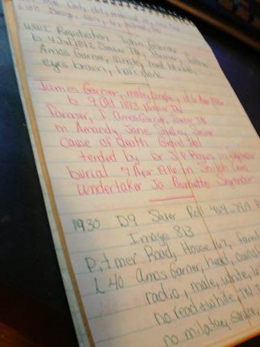 notes made in green and pink on a steno pad page