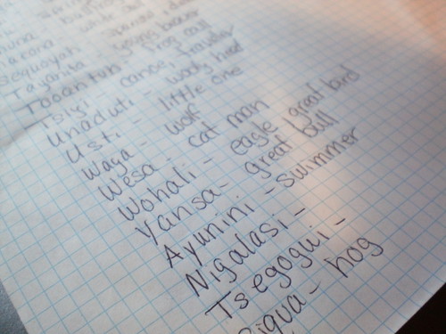 Cherokee names with their meaning noted in blue ink on quad paper