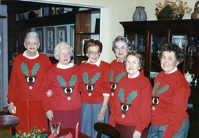 A group of Nannie's friends  in matching reindeer sweatshirts