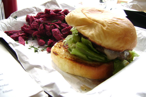 Cheeseburger and beet fries