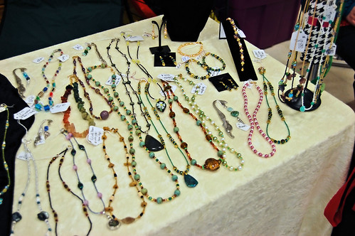 Bead necklaces and bracelets on display