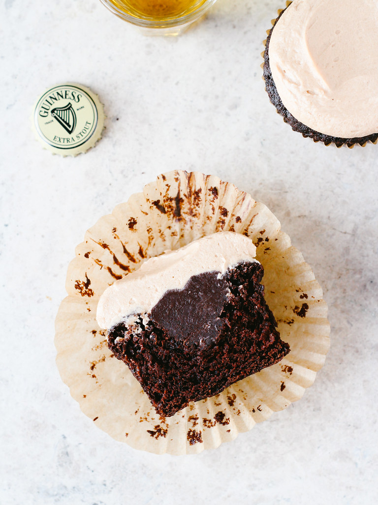 Chocolate stout cupcakes with Irish whiskey ganache + Irish cream frosting