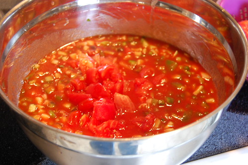 chunky gazpacho in a large metal bowl