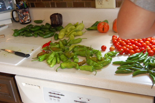 peppers and tomatoes on the counter in front of a tv with Mike's elbow in the right corner
