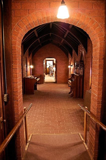 View from Ambrose Hall through the Red Cloister to the Campus Chapel
