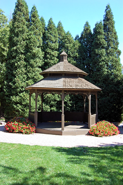 Gazebo in the park An octagonal brown gazebo with tall tree windbreak behind it.