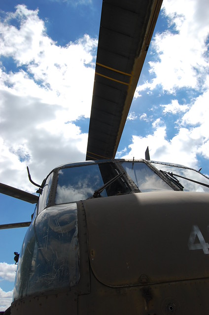 looking up at blades of helicopter