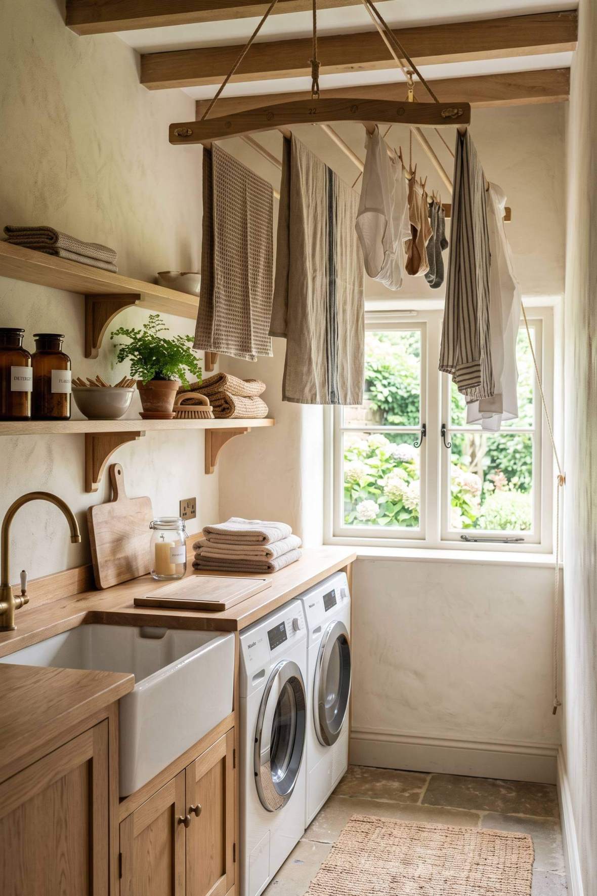 narrow laundry room featuring a wooden pulley-operated drying rack suspended from the ceiling.