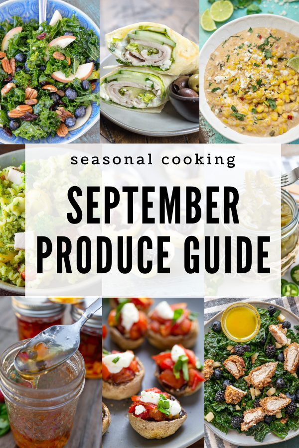 Background collage of food photographs. Text overlay: "seasonal cooking SEPTEMBER PRODUCE GUIDE"