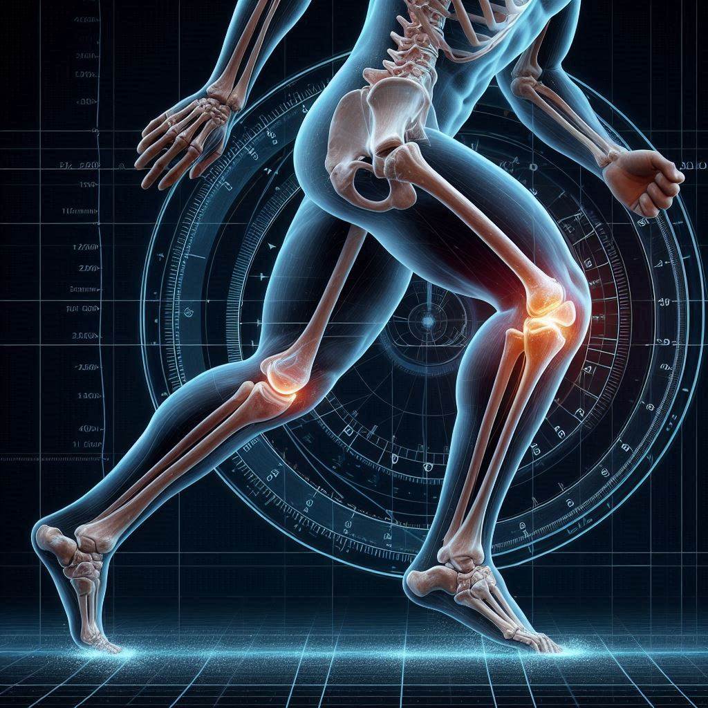 歩いている人の膝を曲げ切っているタイミングの画像 脛骨腓骨、骨がメインで真横から見た状態