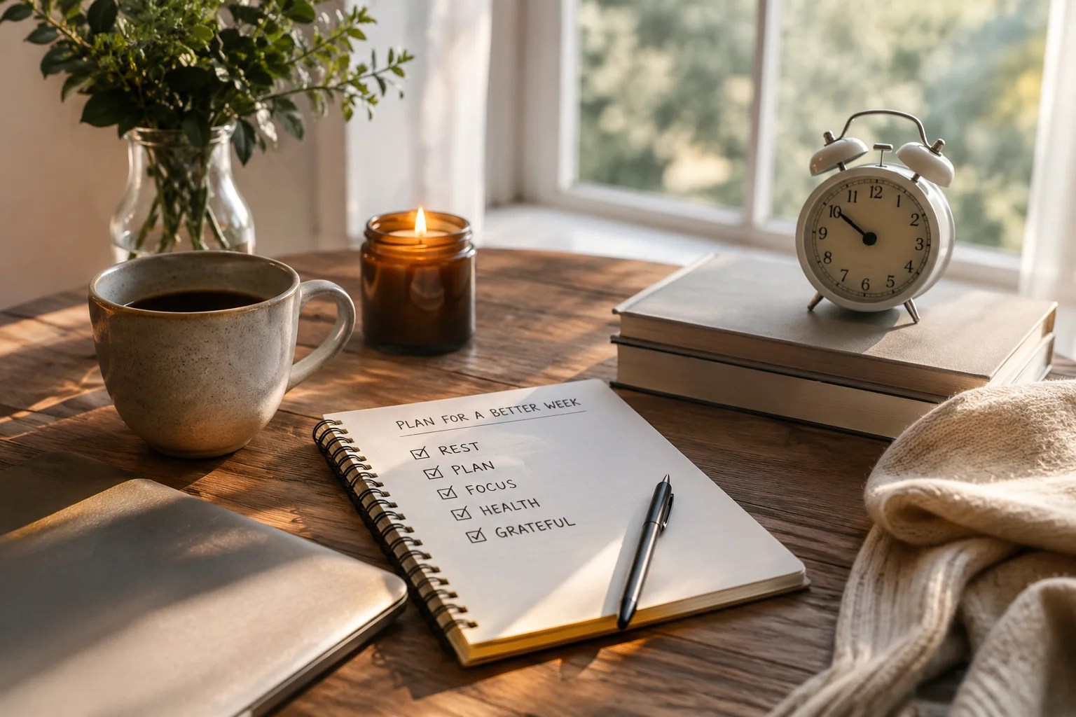 Woman planning her week during a Sunday reset routine with notebook, coffee and morning sunlight