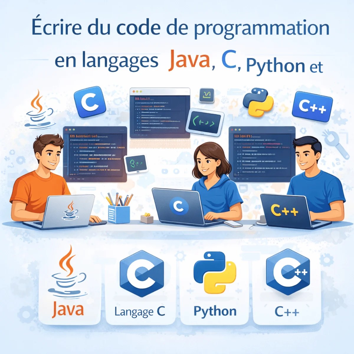 Écrire du code de programmation en langages Java, C, Python et C++
