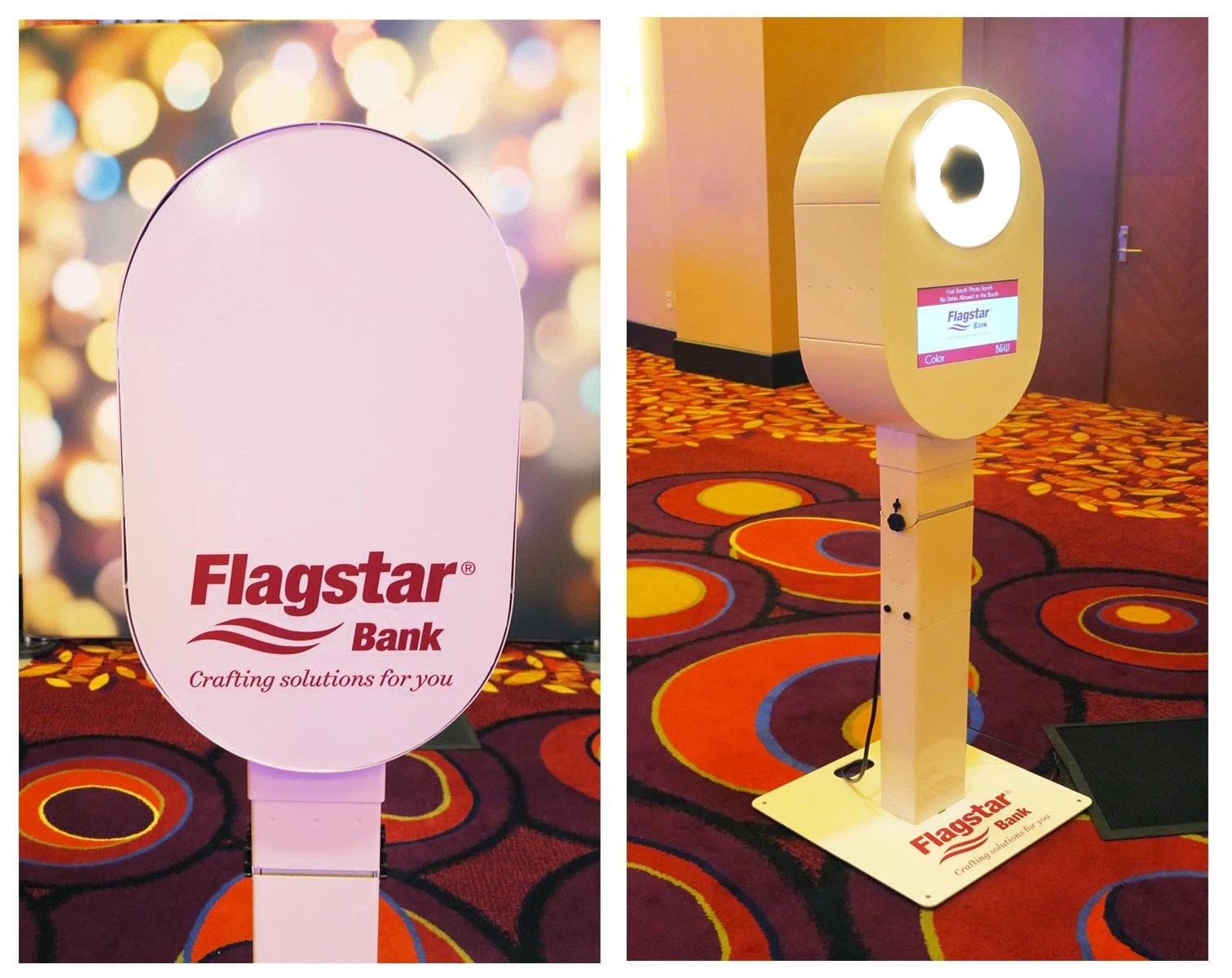 A branded kiosk for Flagstar Bank, featuring a round camera and screen, set against a colorful carpeted background. Used for Corporate booth rental