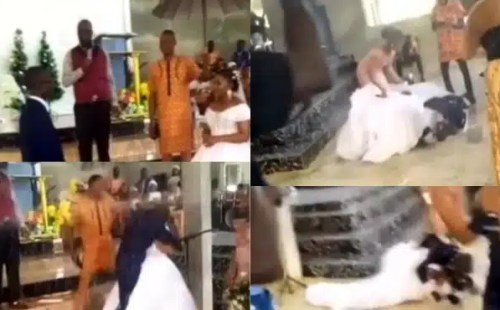 Drama as groom makes a scene when asked to kiss the bride (Video)