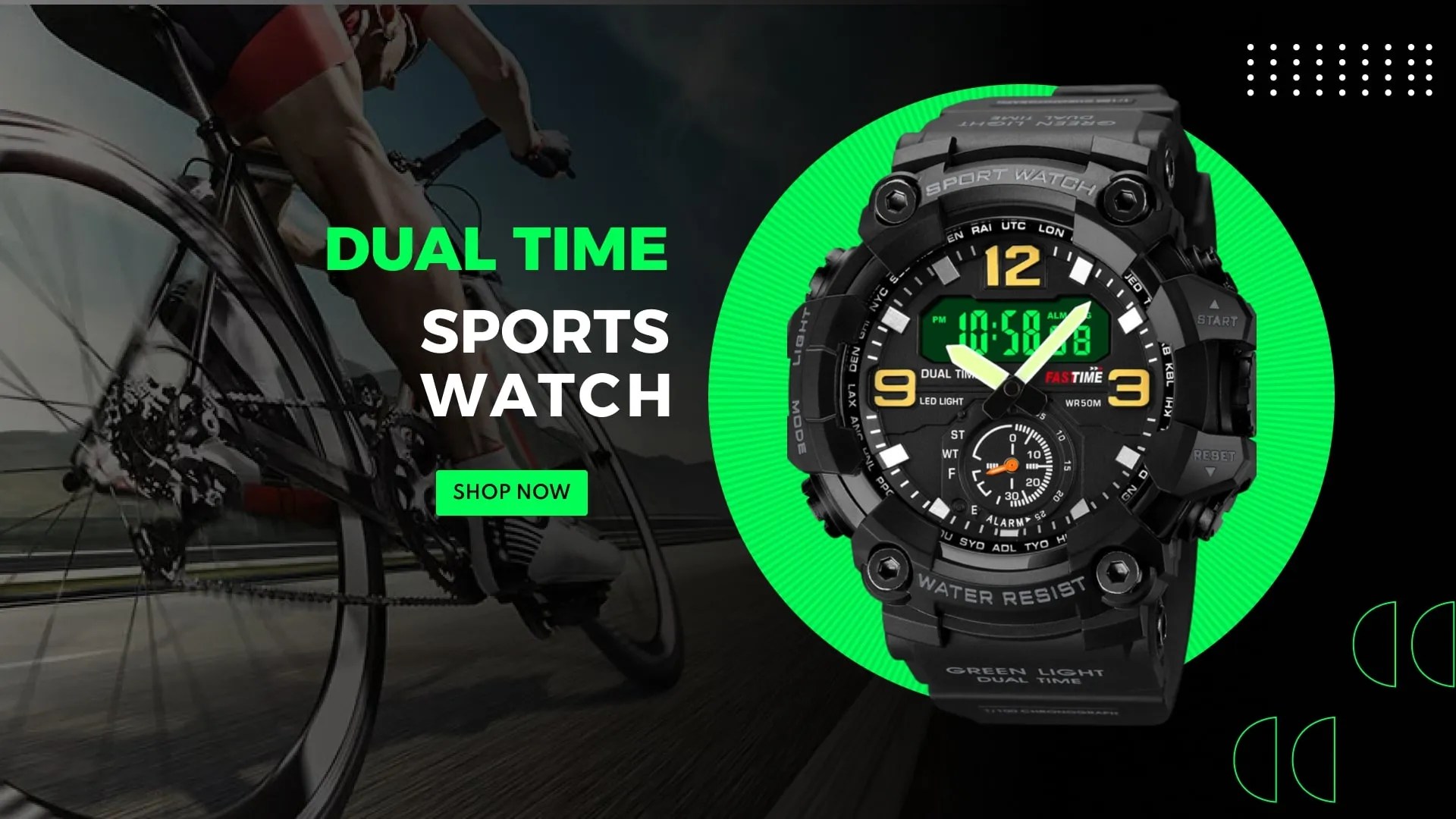 Close-up of a dual time sports watch from Fasttime watches with digital display on a green halo background. A cyclist rides on a blurred road. Text: "Dual Time Sports Watch. Shop Now."