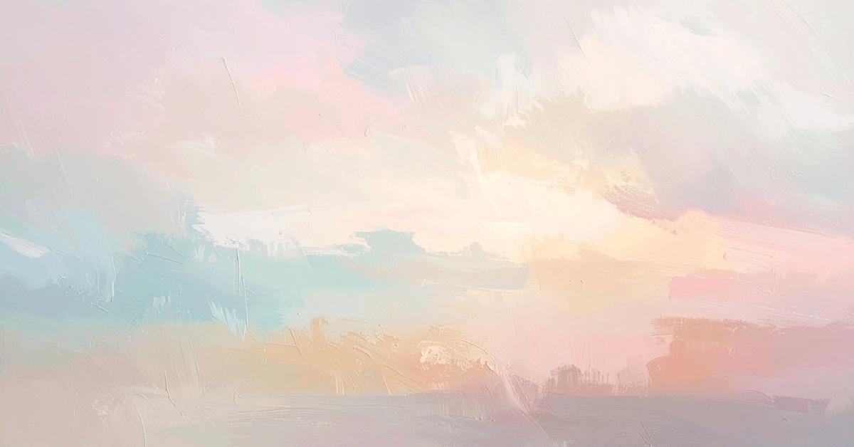 An abstract of a sky in muted tones of pink, purple, greens, amber, and orange