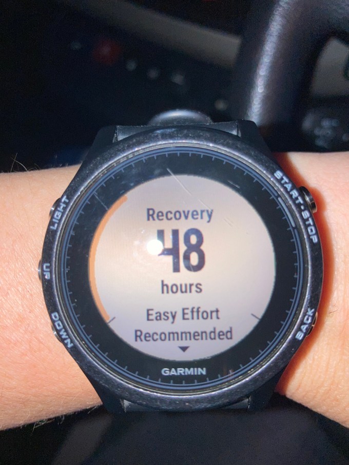 Garmin screen saying, "Recovery 48 hours. Easy effort recommended".