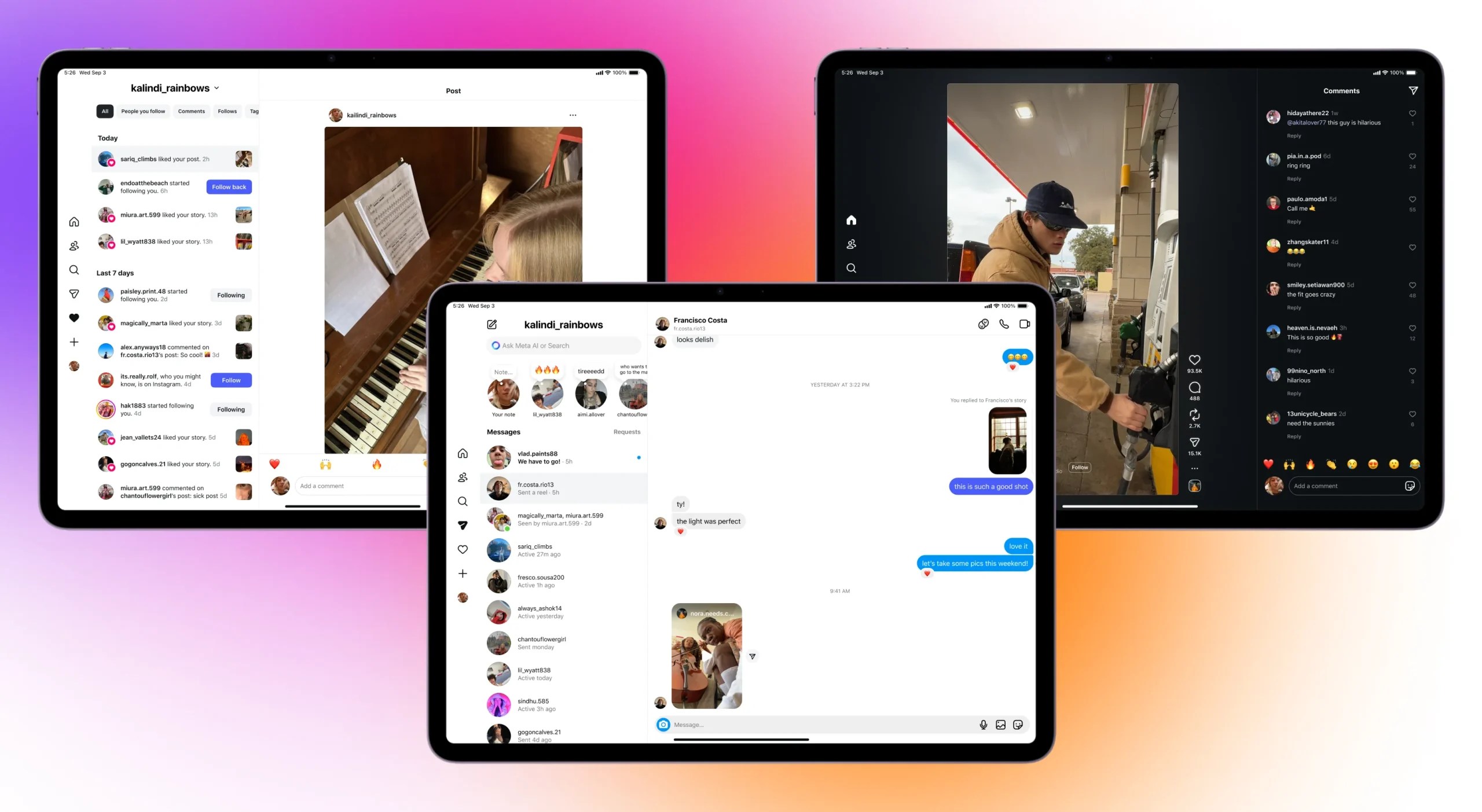 iPad showing Instagram interface with Reels and split-view comments/DMs
