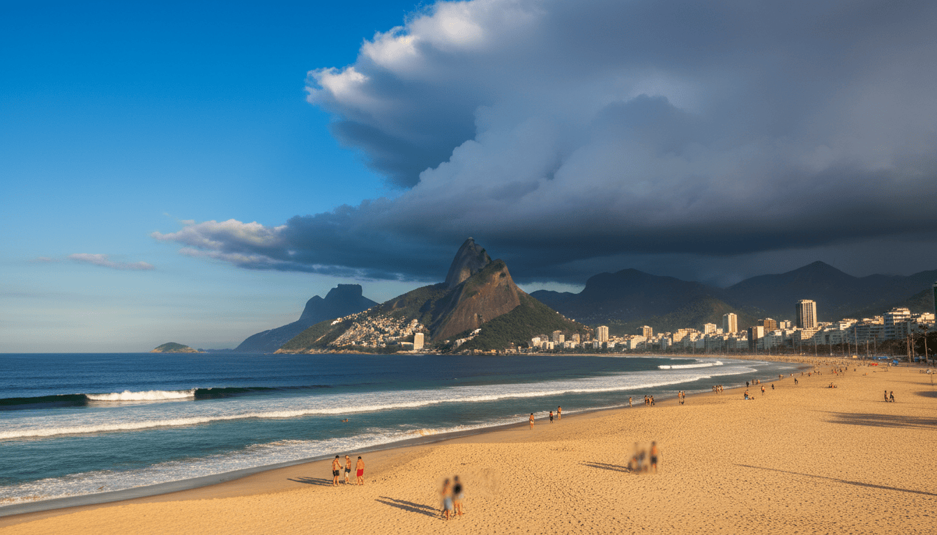 Praia no Rio de Janeiro sob sol forte, com nuvens carregadas se formando sobre as montanhas ao fundo