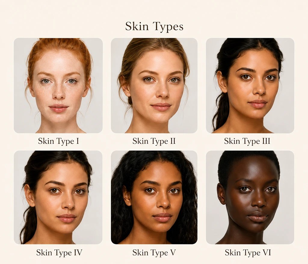 FAUSTINA IPL skin tone compatibility guide showing Fitzpatrick skin types I to V as suitable and skin type VI as unsuitable