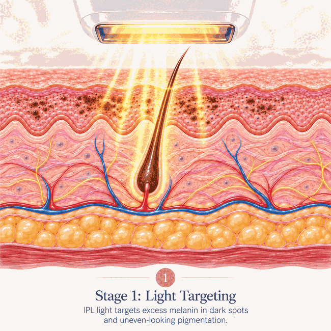 IPL light targets excess melanin, helping dark spots and uneven-looking pigmentation gradually appear lighter.