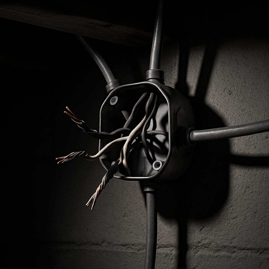 A close-up image of a wiring junction box with exposed wires, illuminated by a light source casting shadows on the surroun...