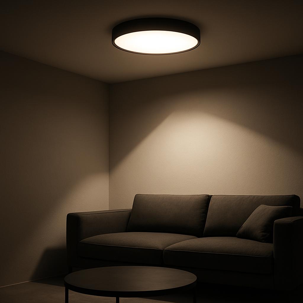 A dimly lit room with a small couch and table at night, featuring a circular ceiling light.