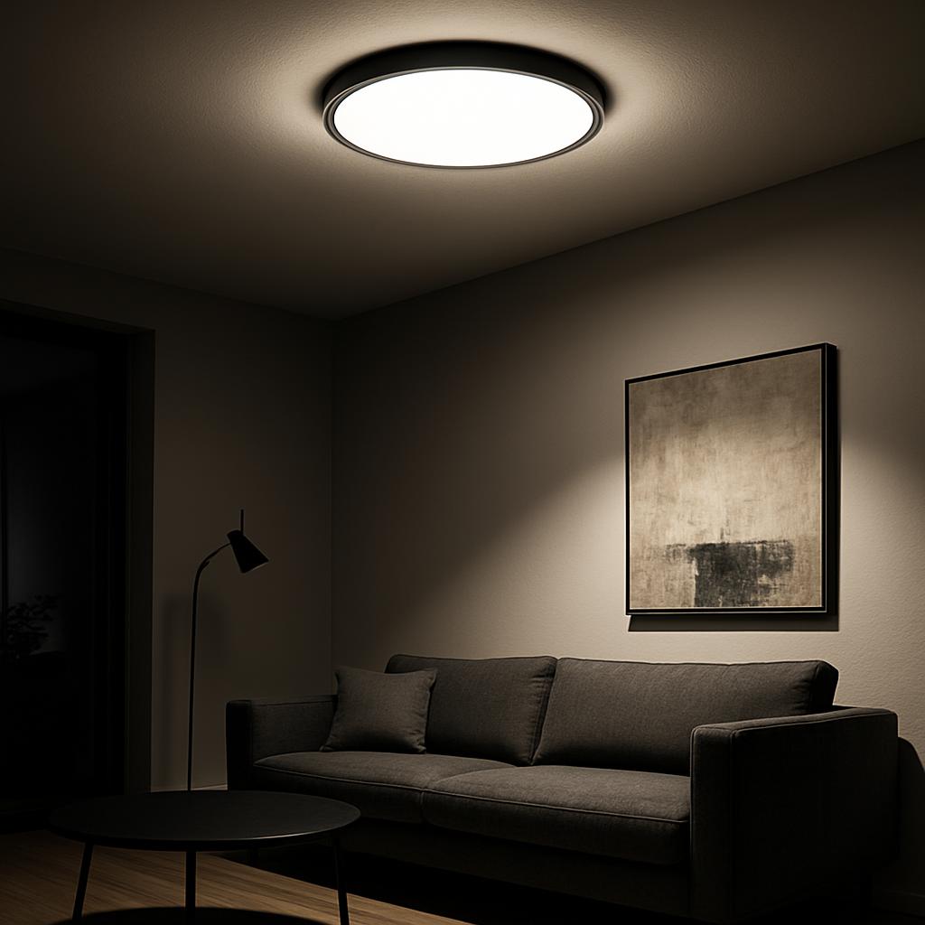 In this image, a dimly lit home living area is shown. A minimalist dark-colored couch is placed against the wall, lit by a...