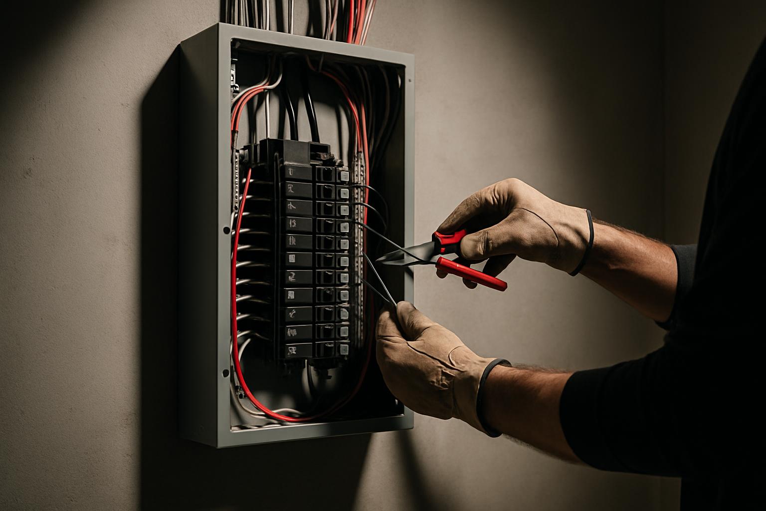 An electrician is seen repairing an electrical panel with an array of switches.