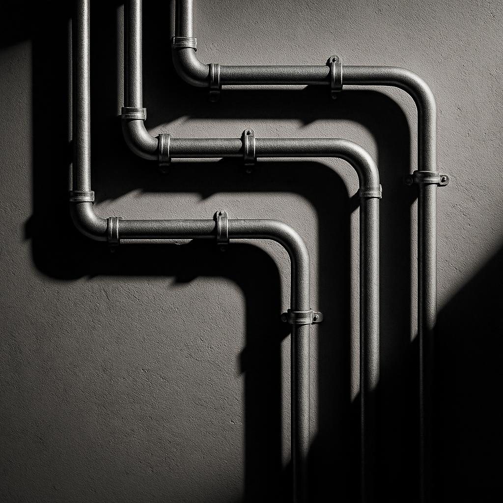 Grey, industrial, metal pipes on a gray concrete wall accompanied by shadows.