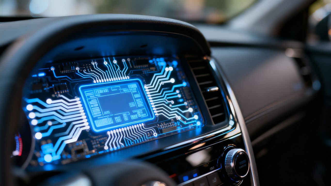 Car dashboard with glowing digital display and circuitry.