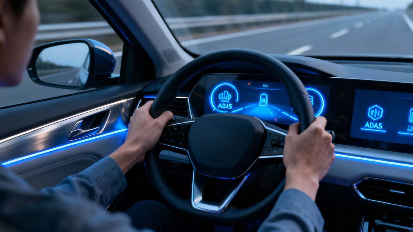 Car dashboard with ADAS icons and driver hands on wheel.
