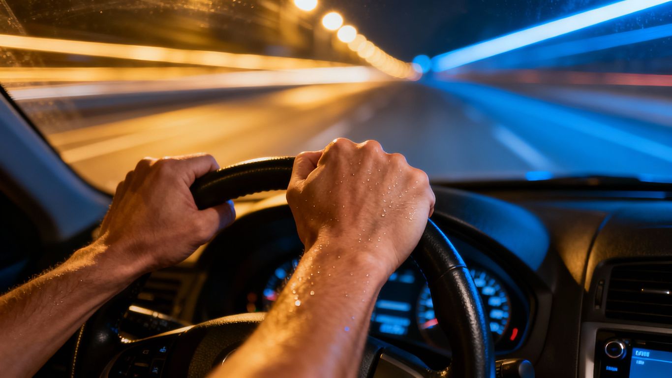 Driver focused on the road, hands on the wheel.
