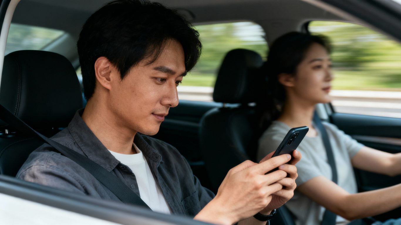 Driver and passenger in a car with a phone.