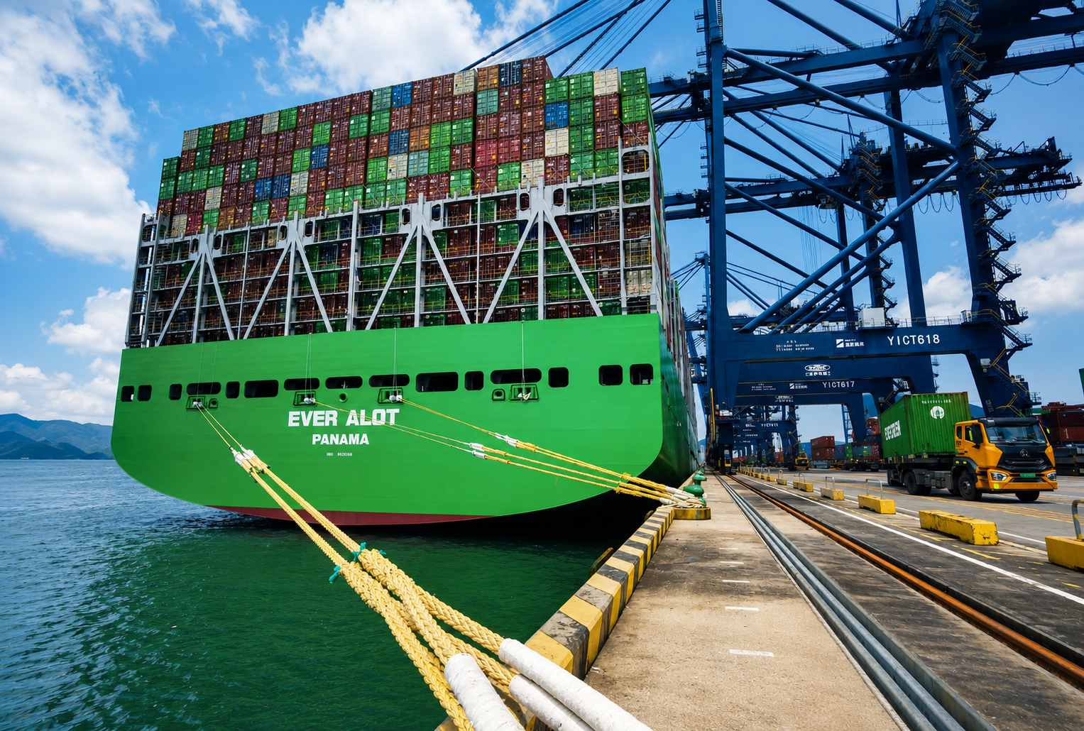 EVERGREEN container ship is moored by FBR's powerneema mooring lines at berth.